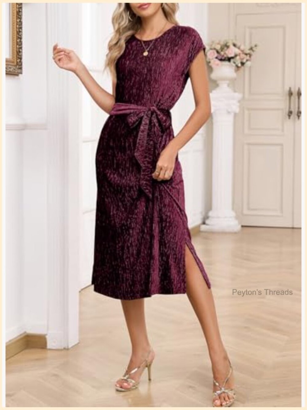 Velvet Sleeveless Crewneck Midi Dress with Pockets Cocktail Party - Picture 3 of 7